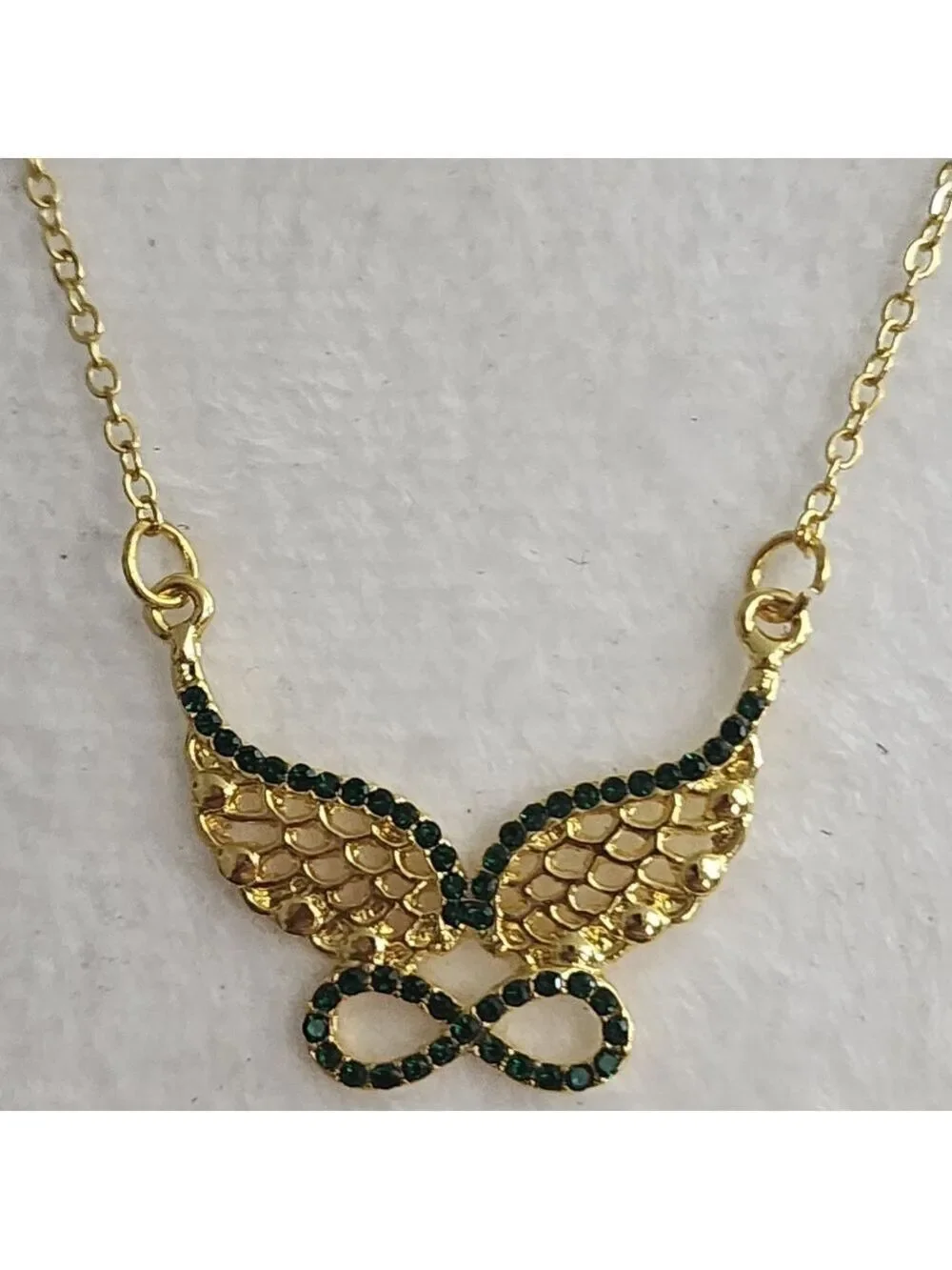 Gold Tone Green Winged Infinity Necklace